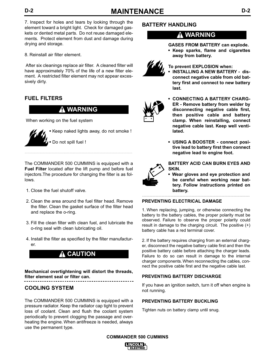 Maintenance, Warning, Warning caution | Lincoln Electric IM707 Commander 500 User Manual | Page 31 / 56