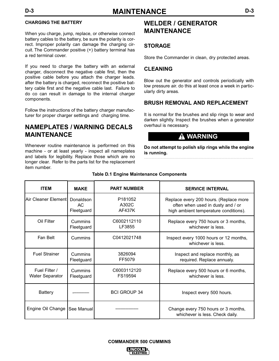 Maintenance, Nameplates / warning decals maintenance, Welder / generator maintenance | Warning | Lincoln Electric IM707 Commander 500 User Manual | Page 32 / 56