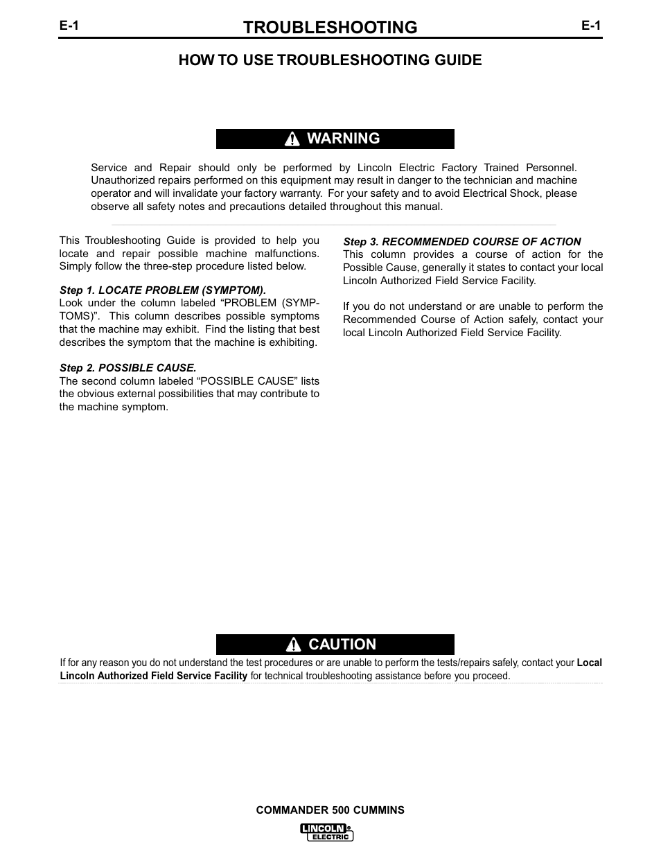 Troubleshooting, Caution, How to use troubleshooting guide | Warning | Lincoln Electric IM707 Commander 500 User Manual | Page 33 / 56