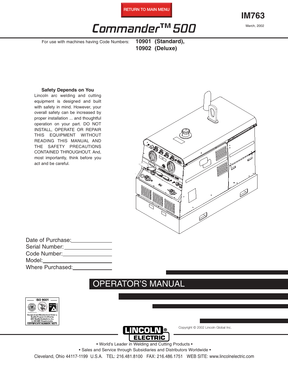 Lincoln Electric IM763 Commander 500 User Manual | 56 pages