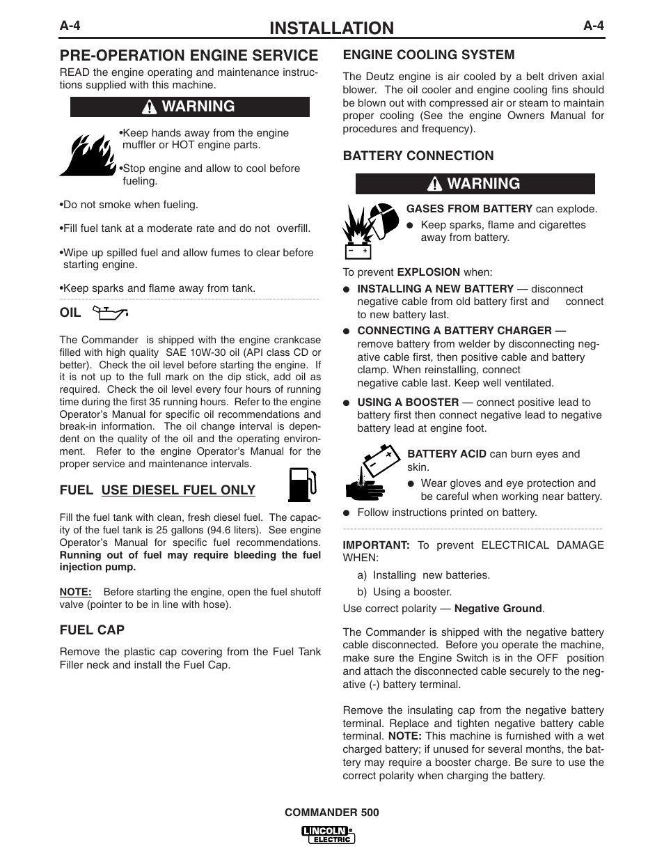 Installation, Pre-operation engine service, Warning | Lincoln Electric IM763 Commander 500 User Manual | Page 12 / 56