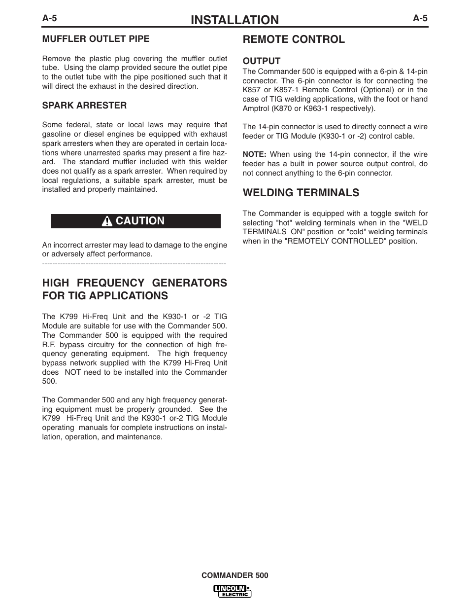 Installation, High frequency generators for tig applications, Remote control | Welding terminals, Caution | Lincoln Electric IM763 Commander 500 User Manual | Page 13 / 56