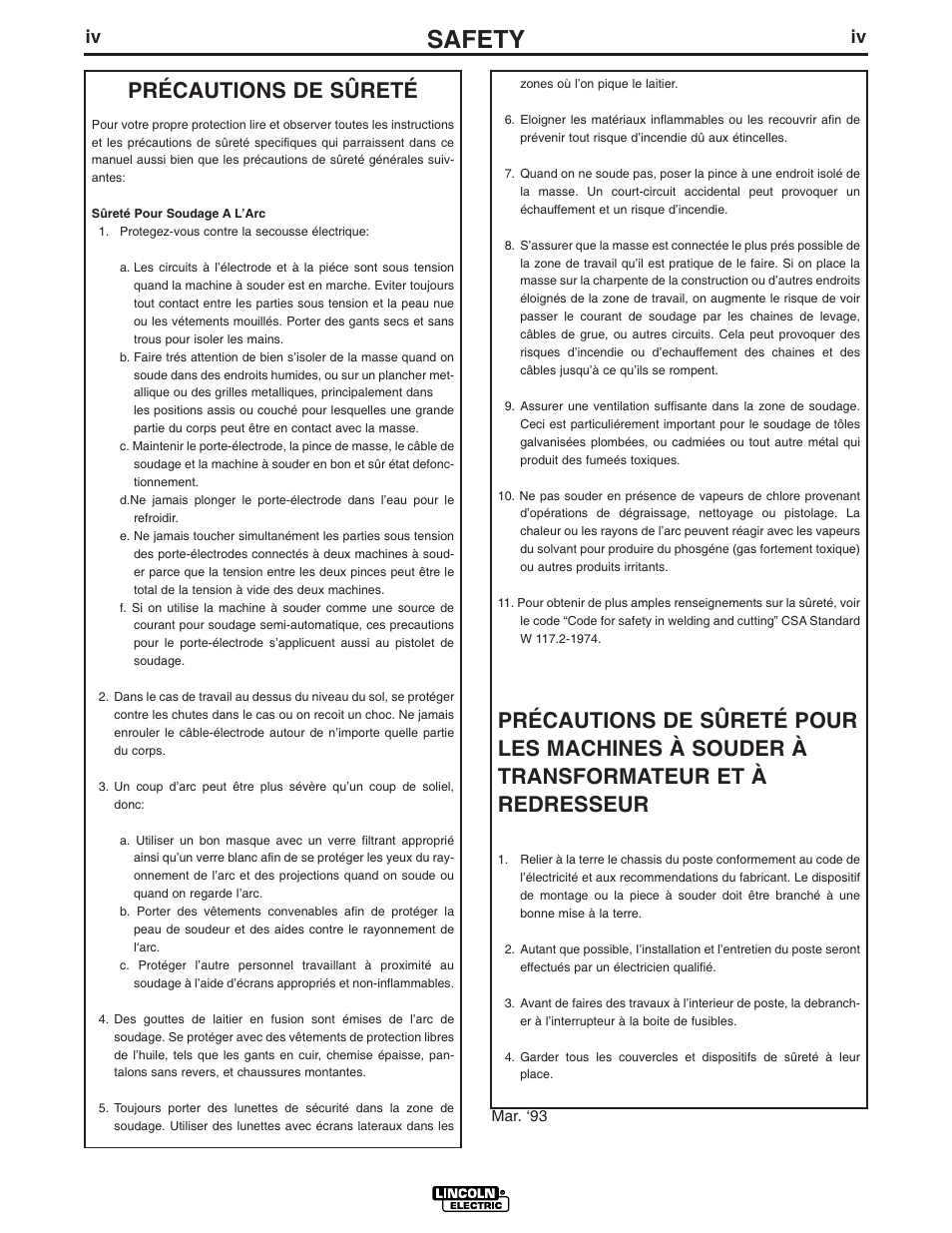 Safety, Précautions de sûreté | Lincoln Electric IM763 Commander 500 User Manual | Page 5 / 56