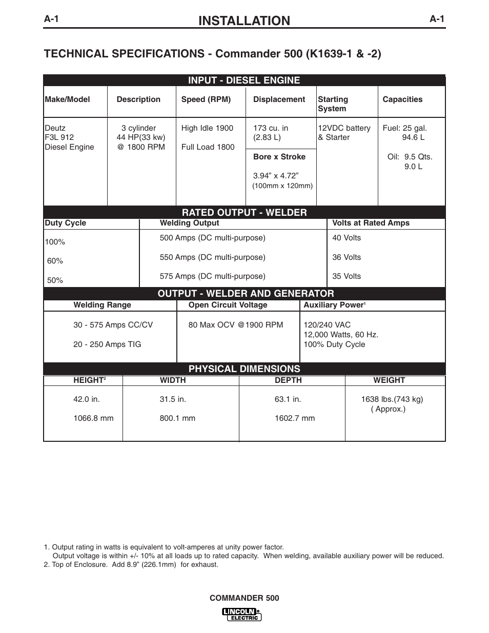 Installation | Lincoln Electric IM763 Commander 500 User Manual | Page 9 / 56