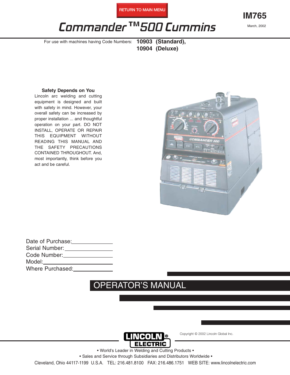 Lincoln Electric IM765 Commander 500 User Manual | 54 pages