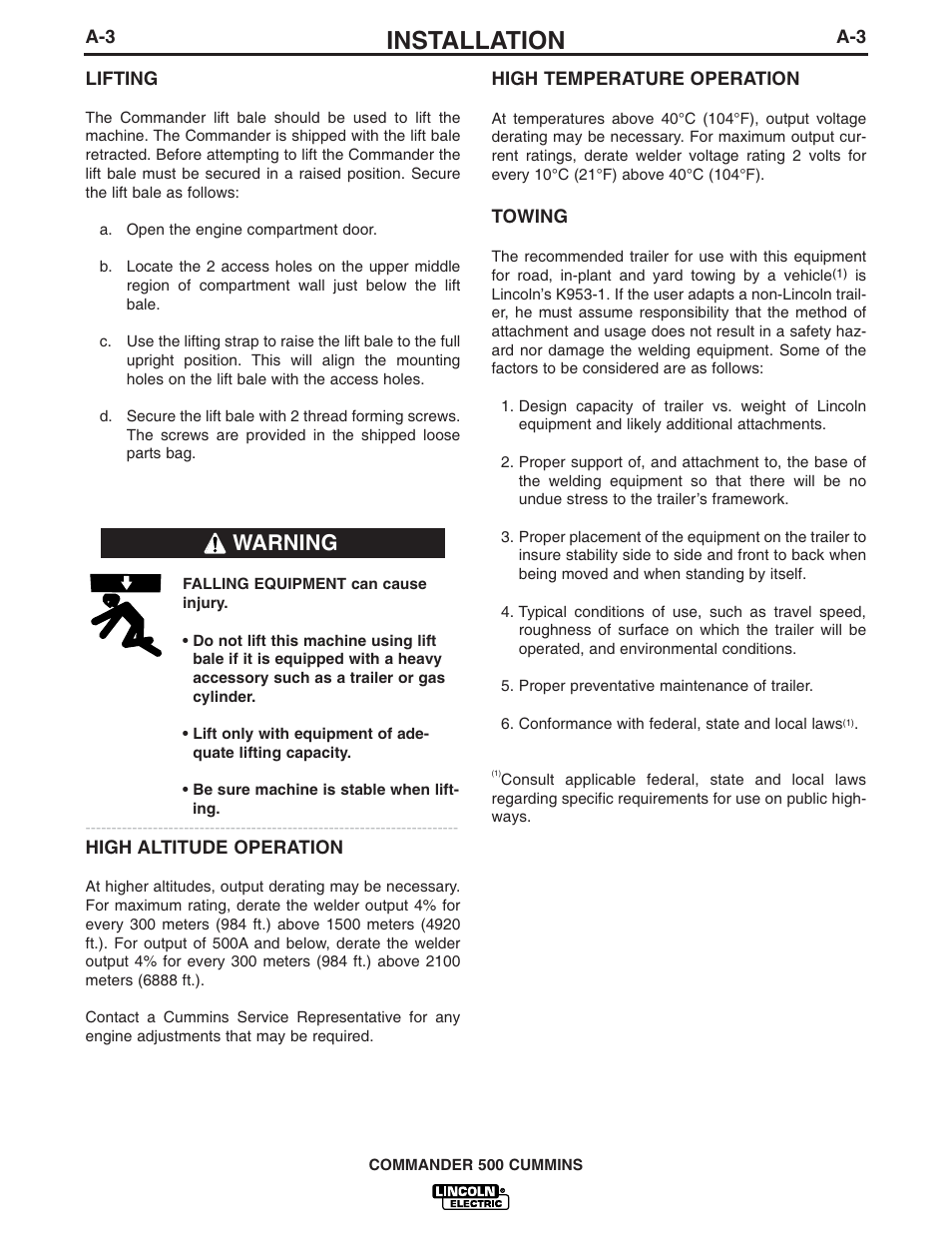 Installation, Warning | Lincoln Electric IM765 Commander 500 User Manual | Page 11 / 54