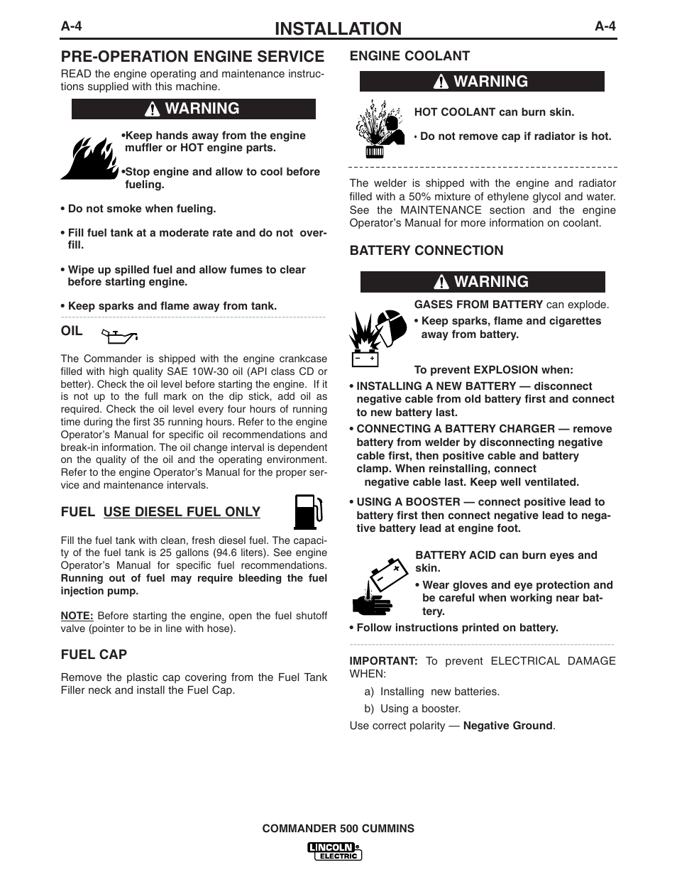 Installation, Pre-operation engine service, Warning | Lincoln Electric IM765 Commander 500 User Manual | Page 12 / 54