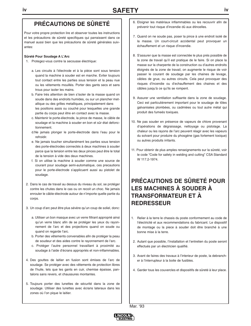 Safety, Précautions de sûreté | Lincoln Electric IM765 Commander 500 User Manual | Page 5 / 54