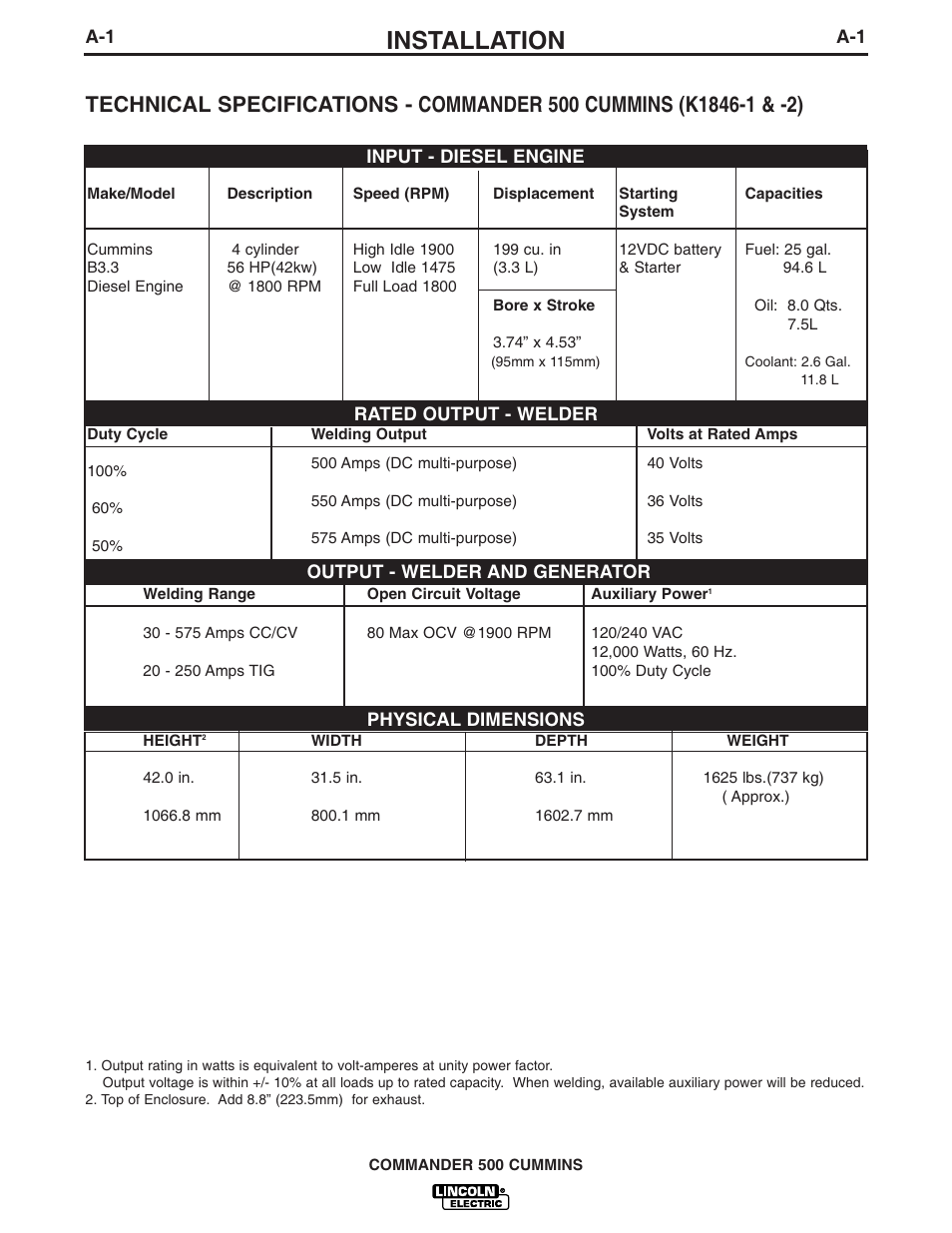 Installation | Lincoln Electric IM765 Commander 500 User Manual | Page 9 / 54