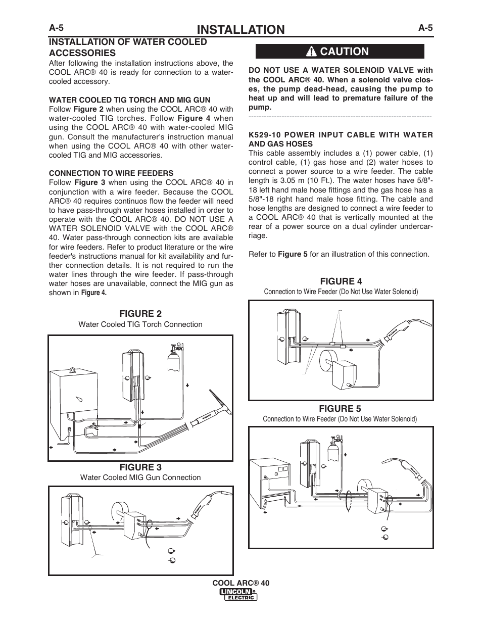 Installation, Caution, A-5 installation of water cooled accessories | Figure 2, Figure 3, Figure 4, Figure 5, Cool arc® 40, Water cooled tig torch connection, Water cooled mig gun connection | Lincoln Electric IM911 COOL ARC 40 STAND ALONE User Manual | Page 11 / 32