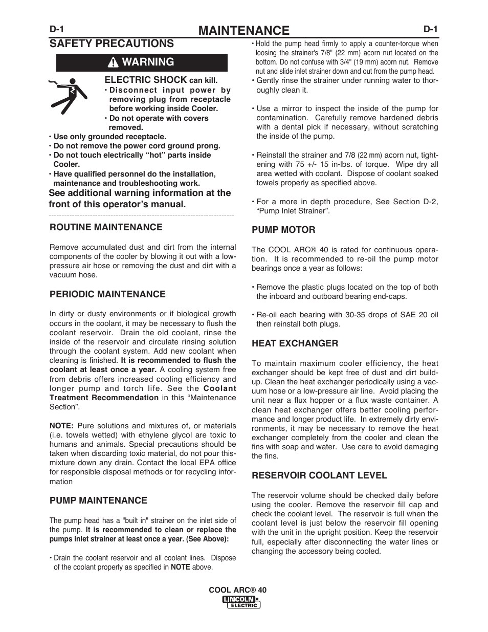 Maintenance, Warning safety precautions | Lincoln Electric IM911 COOL ARC 40 STAND ALONE User Manual | Page 15 / 32