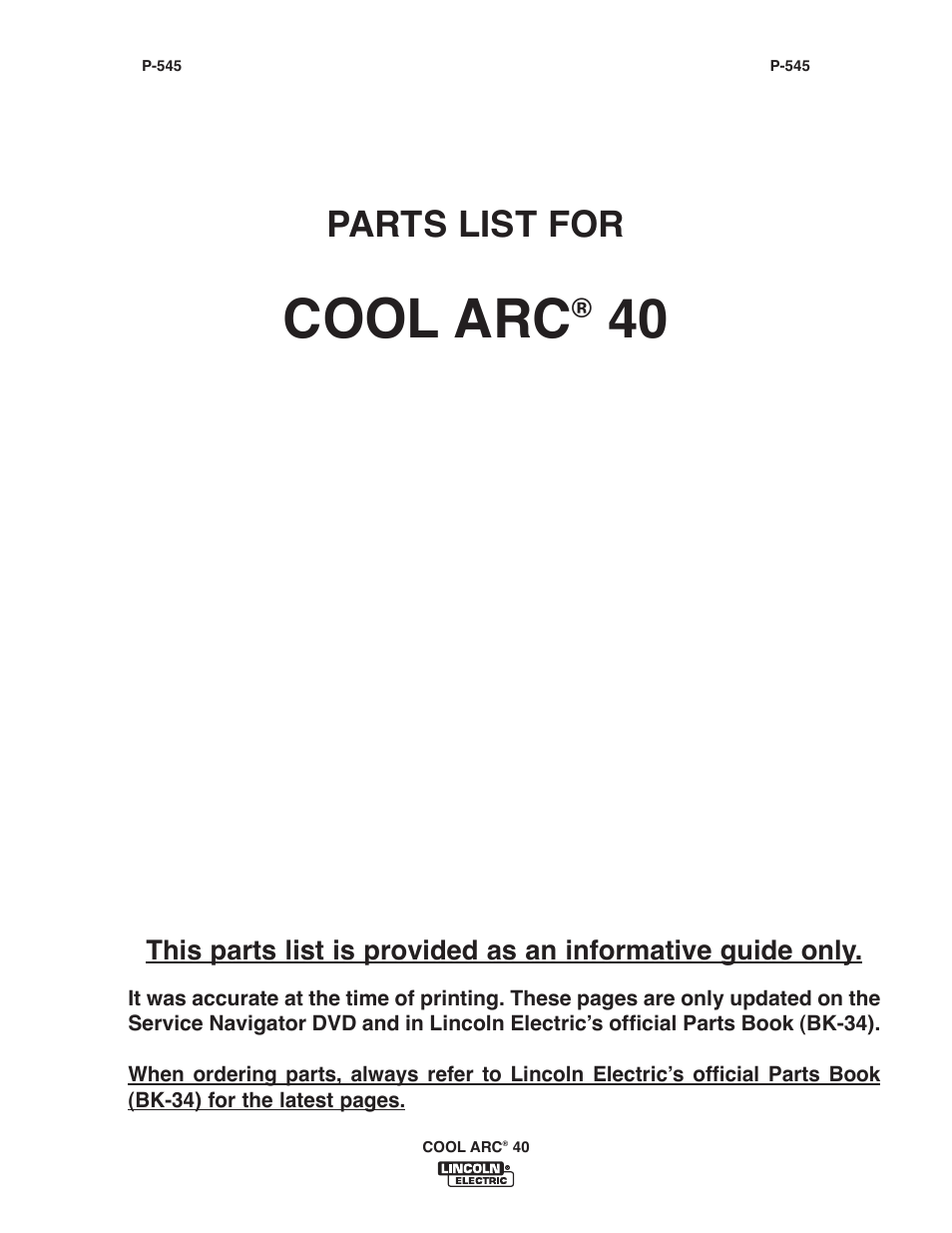 Cool arc, Parts list for | Lincoln Electric IM911 COOL ARC 40 STAND ALONE User Manual | Page 23 / 32