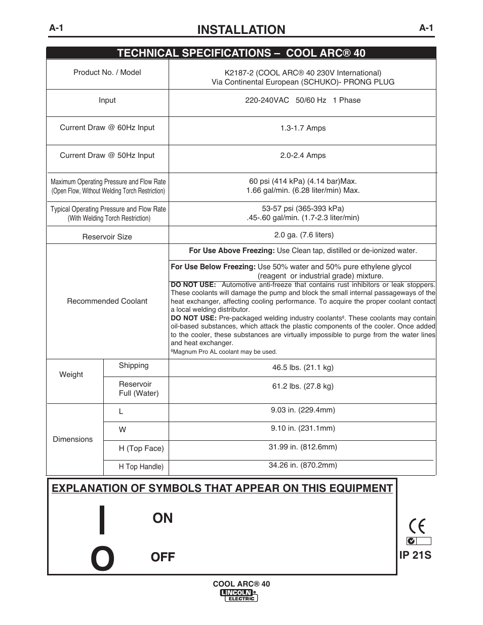 Installation, Ip 21s | Lincoln Electric IM911 COOL ARC 40 STAND ALONE User Manual | Page 7 / 32