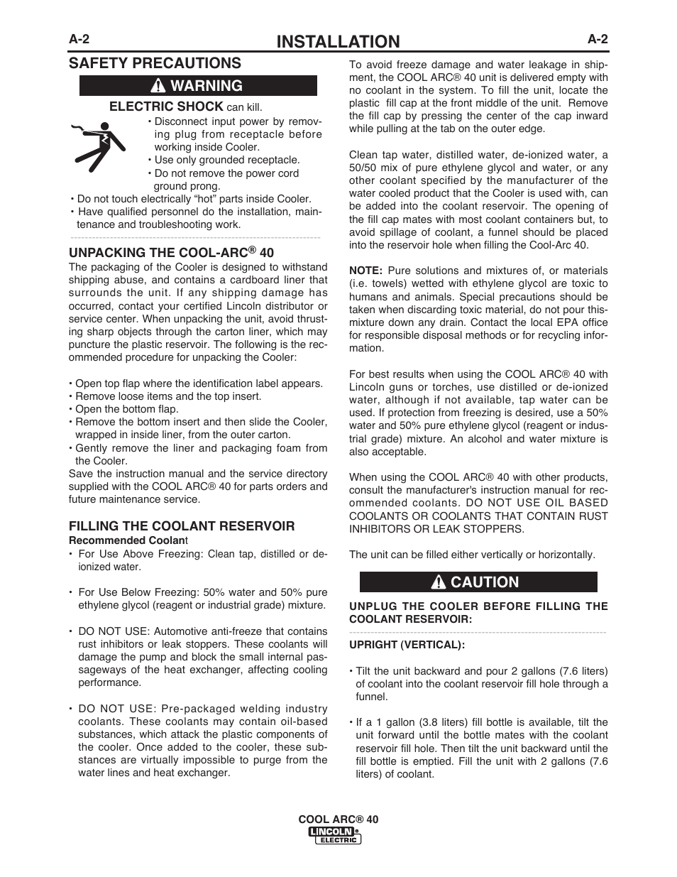 Installation, Safety precautions, Warning caution | Lincoln Electric IM911 COOL ARC 40 STAND ALONE User Manual | Page 8 / 32