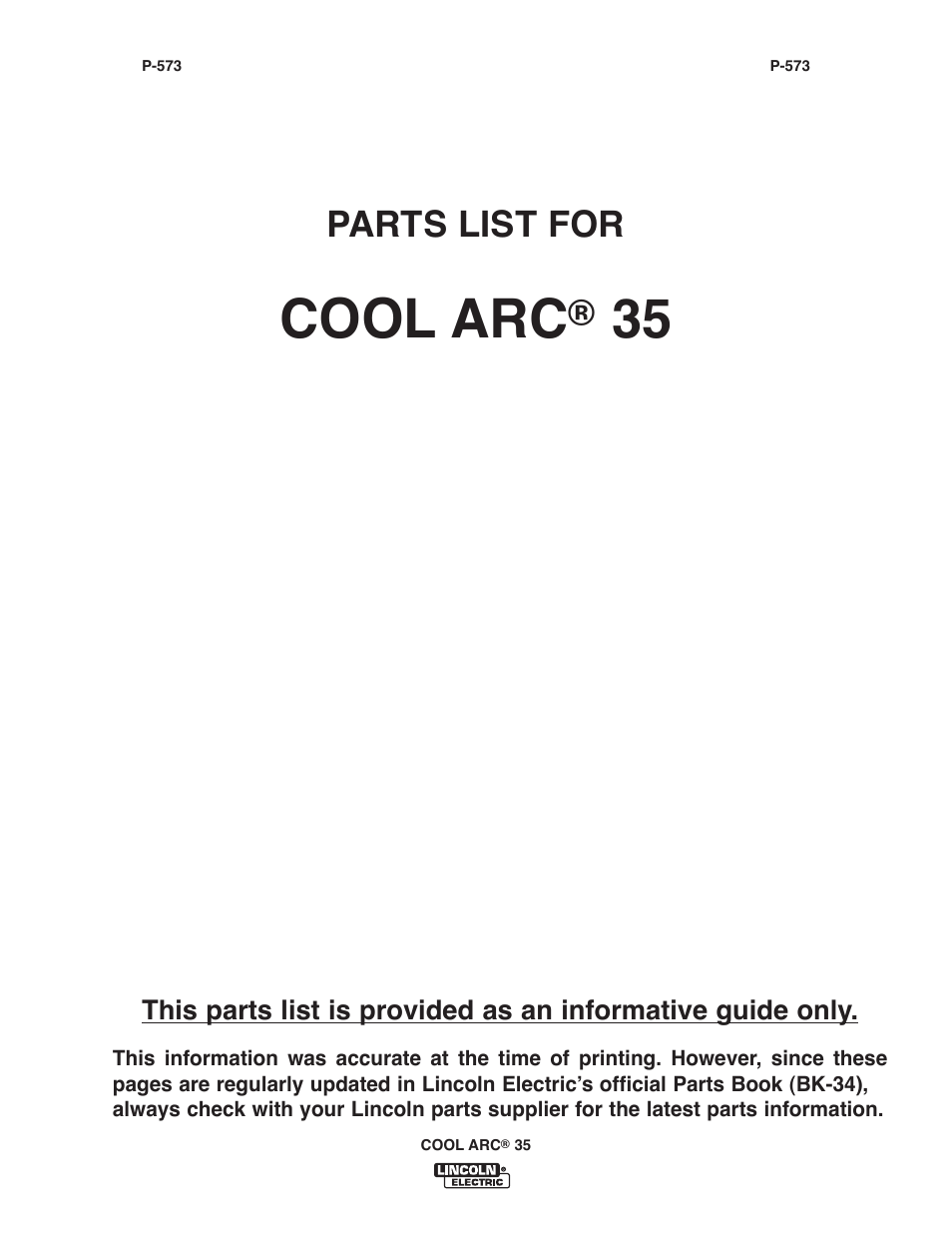 Cool arc, Parts list for | Lincoln Electric IM959 COOL ARC 35 User Manual | Page 17 / 24