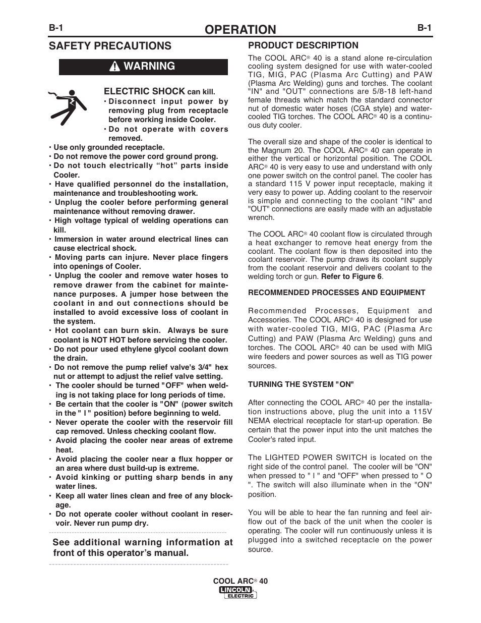 Operation, Safety precautions, Warning | Lincoln Electric IM696 COOL ARC 40 STAND ALONE User Manual | Page 12 / 36