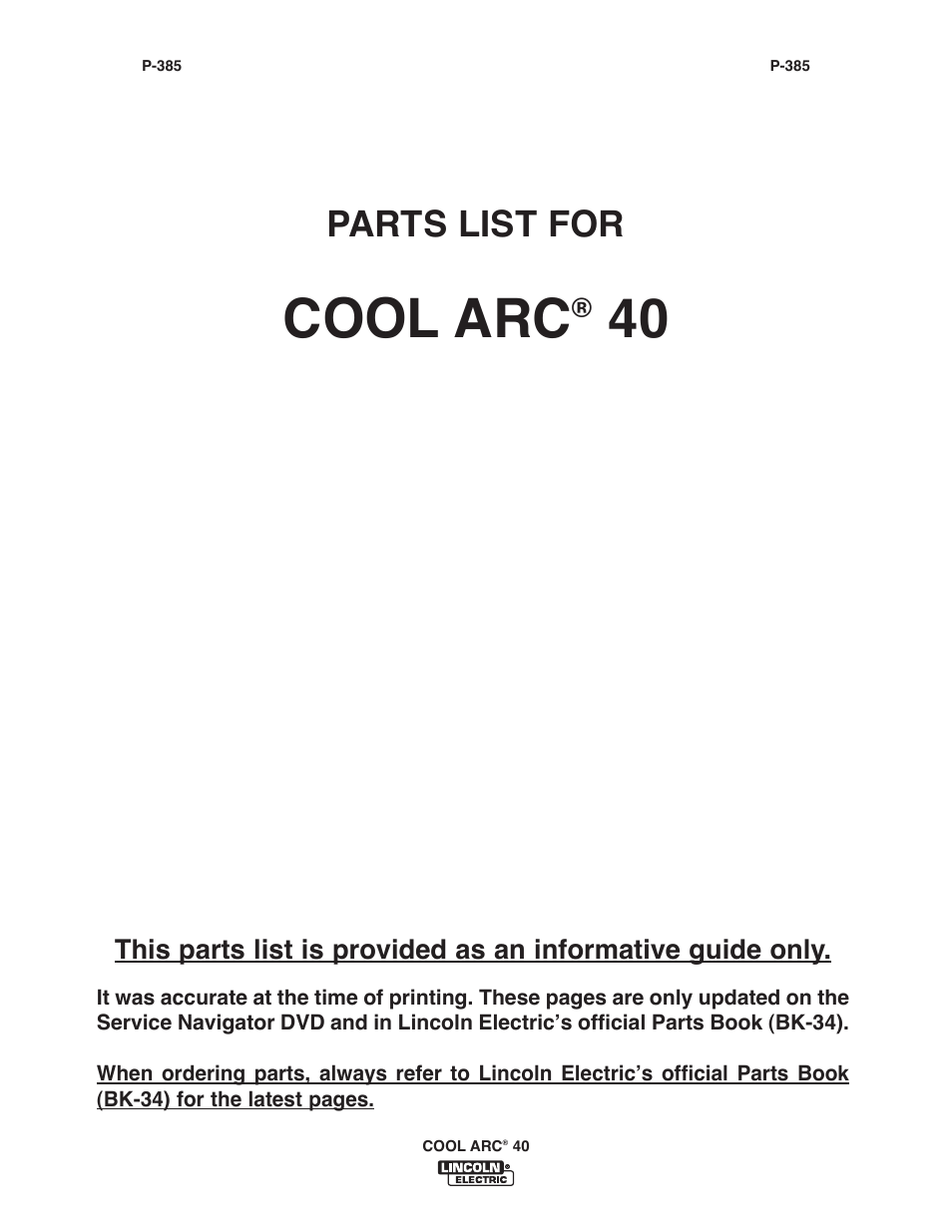 Cool arc, Parts list for | Lincoln Electric IM696 COOL ARC 40 STAND ALONE User Manual | Page 23 / 36