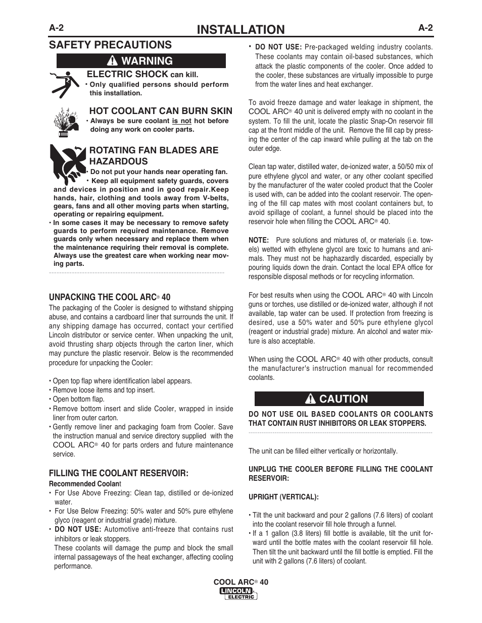 Installation, Safety precautions, Warning caution | Lincoln Electric IM696 COOL ARC 40 STAND ALONE User Manual | Page 8 / 36