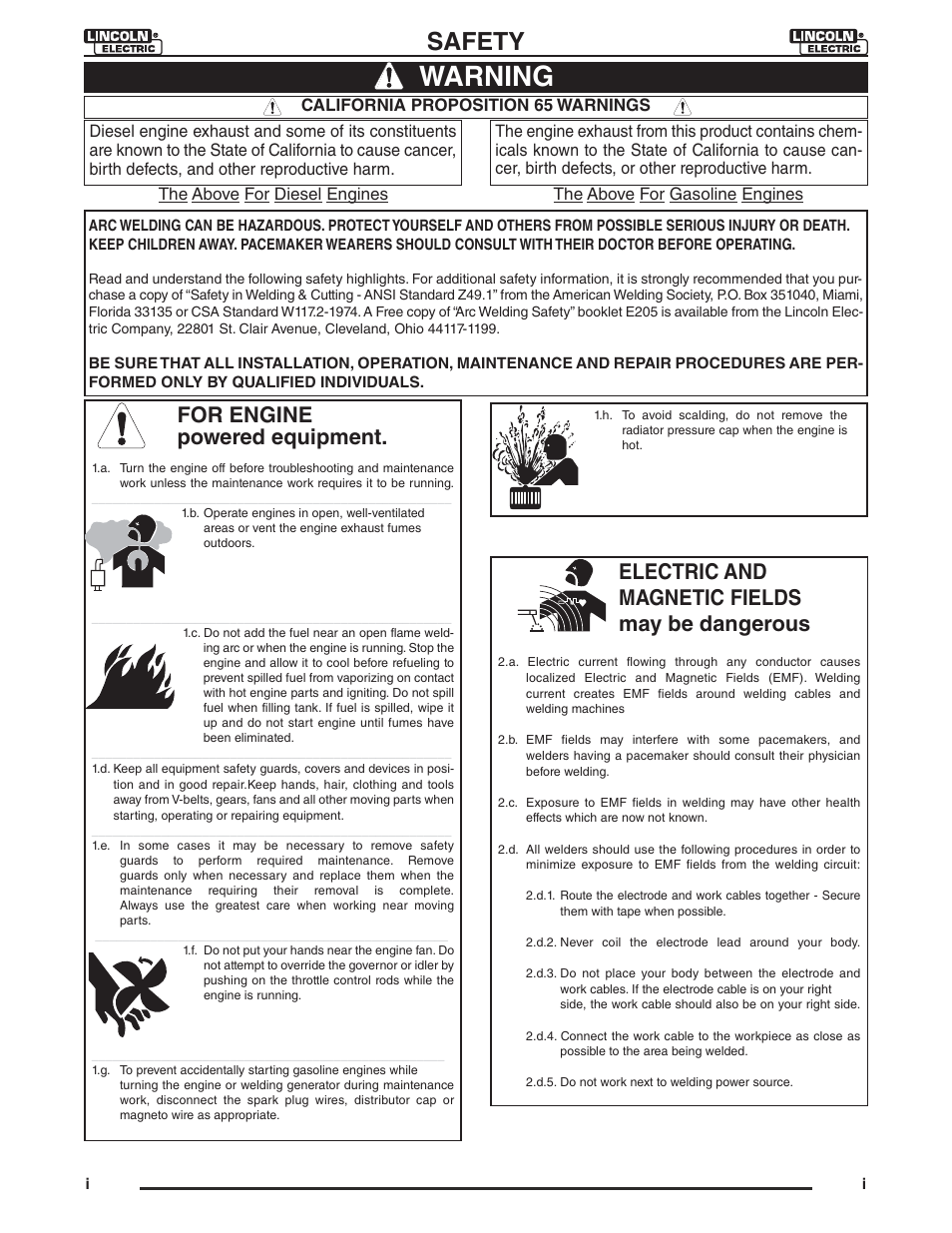 Warning, Safety, For engine powered equipment | Electric and magnetic fields may be dangerous | Lincoln Electric IM946 CRUISER Digital Tractor User Manual | Page 2 / 128