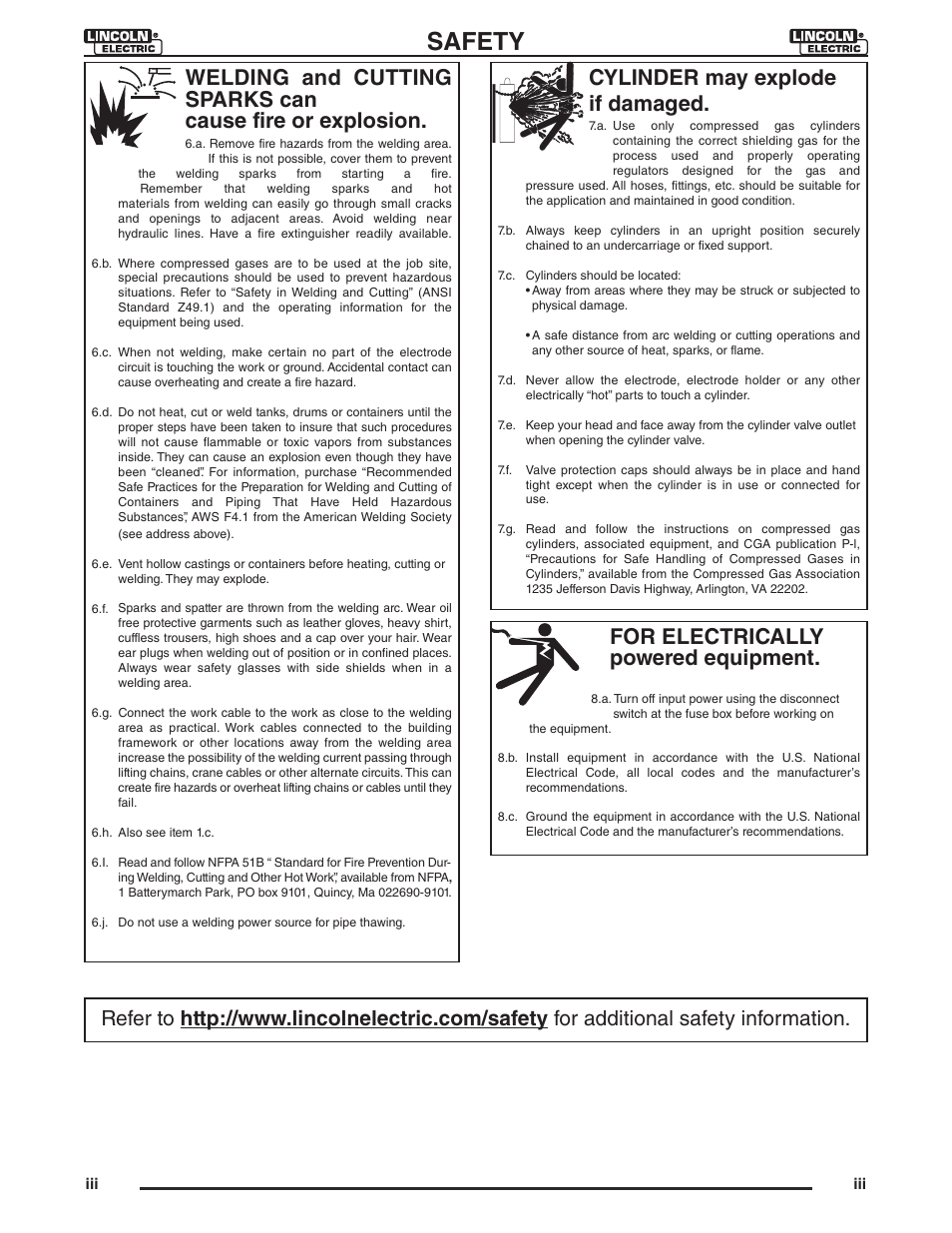 Safety, For electrically powered equipment, Cylinder may explode if damaged | Lincoln Electric IM946 CRUISER Digital Tractor User Manual | Page 4 / 128