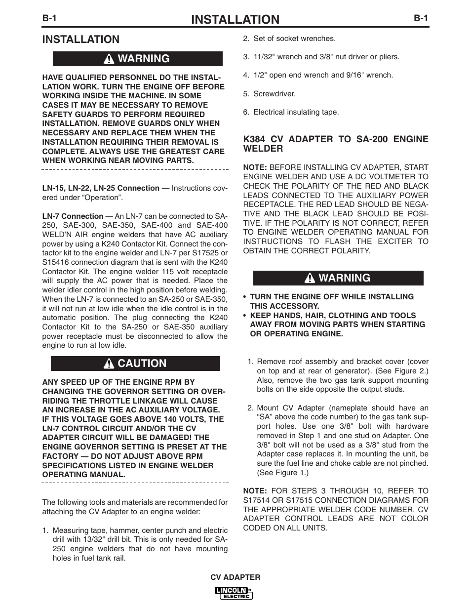 Installation, Warning caution warning | Lincoln Electric IM309 CV ADAPTER User Manual | Page 10 / 46