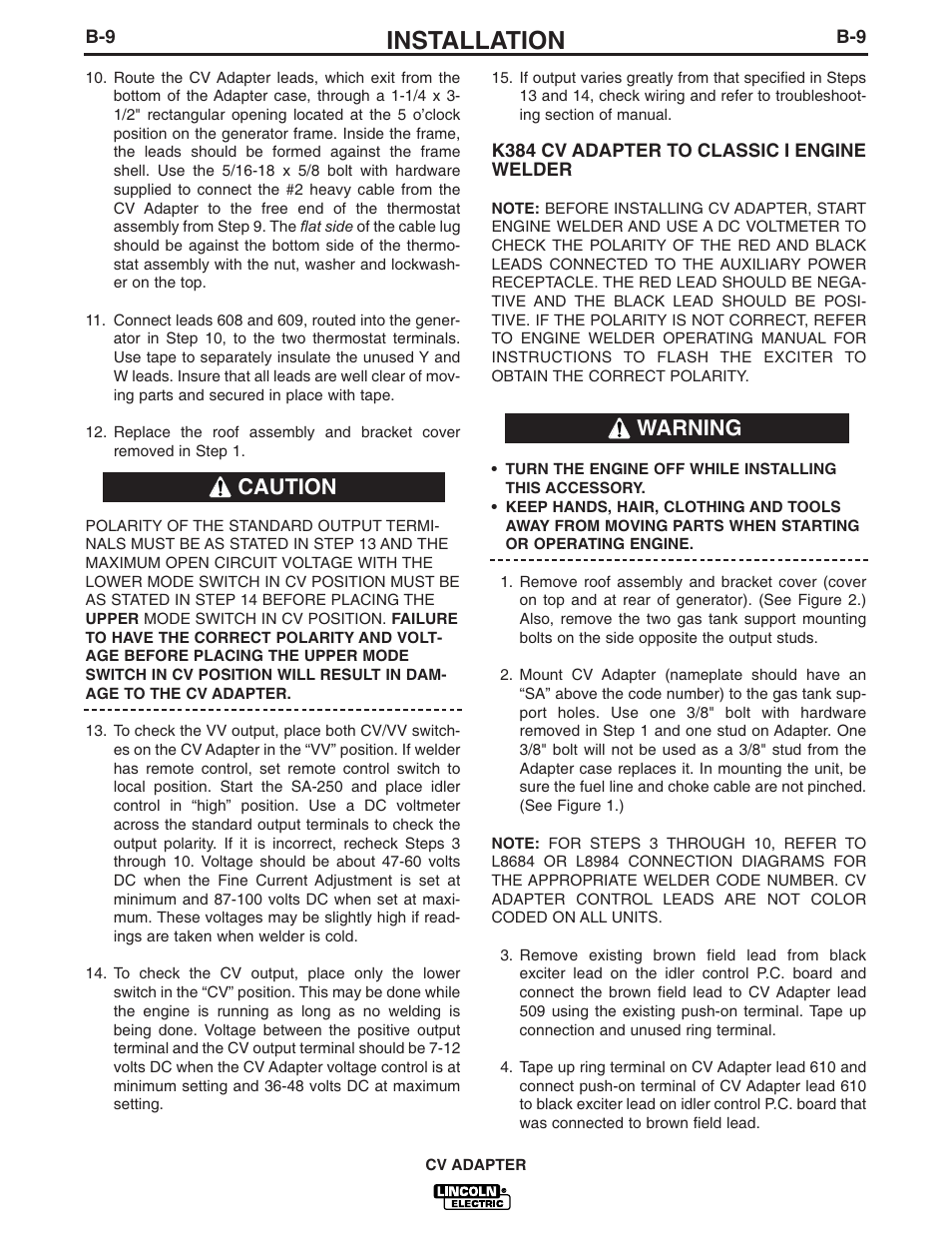 Installation, Caution warning | Lincoln Electric IM309 CV ADAPTER User Manual | Page 18 / 46