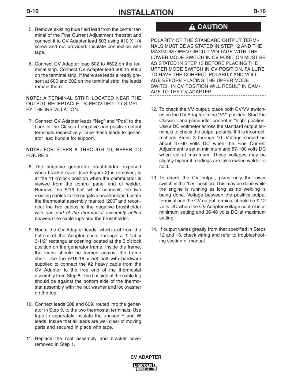 Installation, Caution | Lincoln Electric IM309 CV ADAPTER User Manual | Page 19 / 46