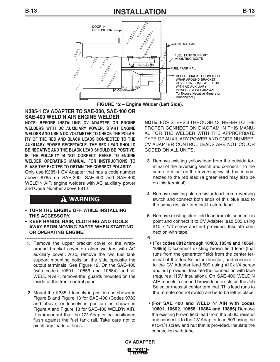 Installation, Warning | Lincoln Electric IM309 CV ADAPTER User Manual | Page 22 / 46