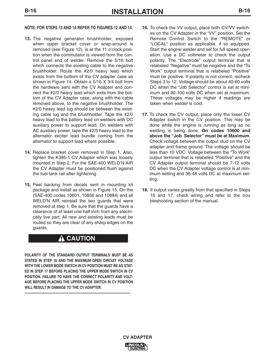 Installation, Caution | Lincoln Electric IM309 CV ADAPTER User Manual | Page 25 / 46