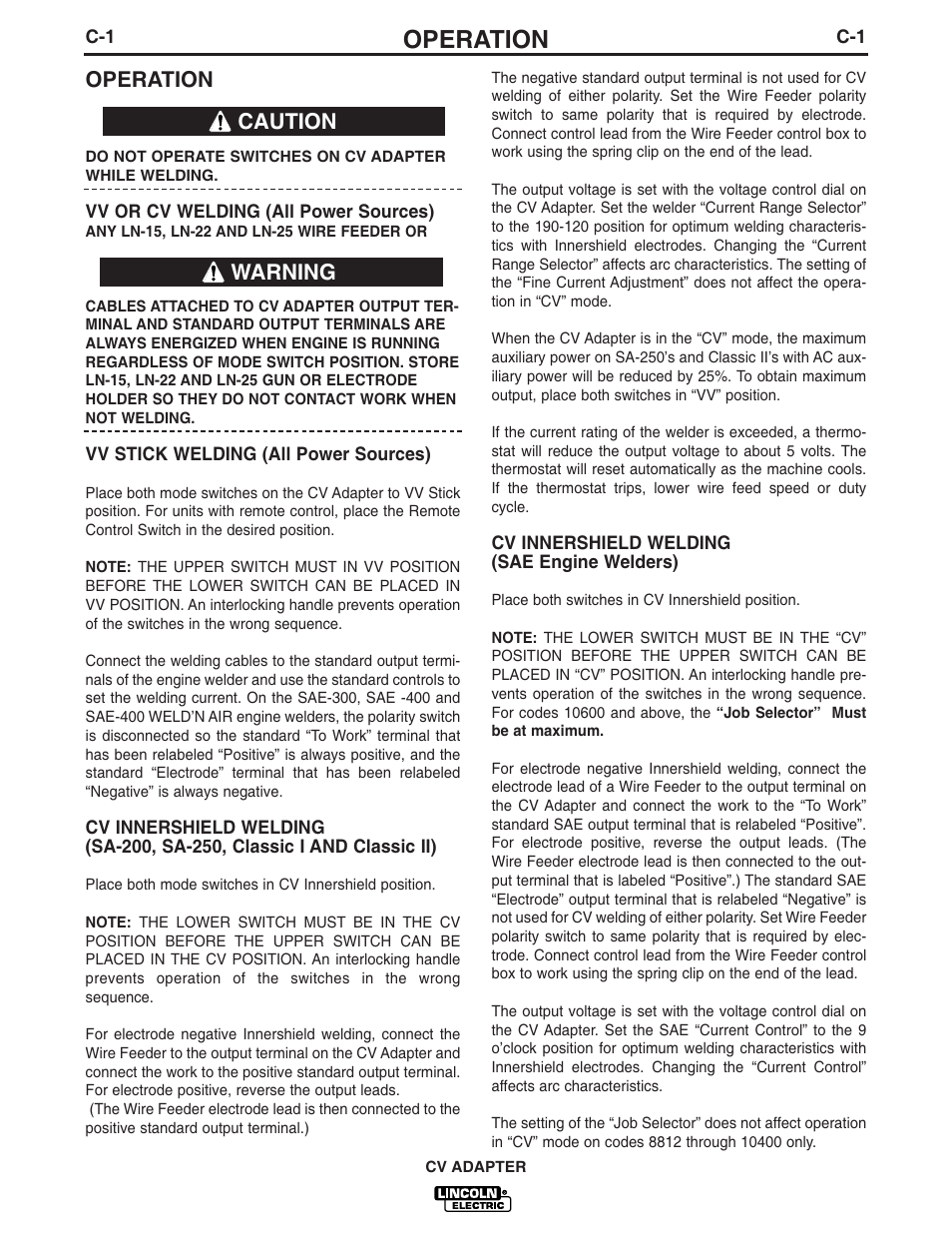 Operation, Caution warning | Lincoln Electric IM309 CV ADAPTER User Manual | Page 26 / 46