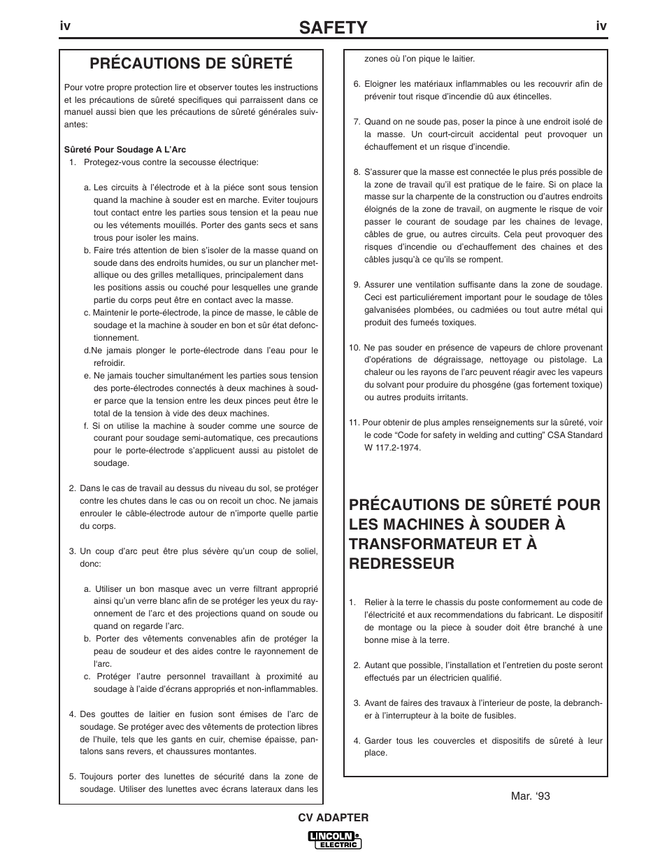 Safety, Précautions de sûreté | Lincoln Electric IM309 CV ADAPTER User Manual | Page 5 / 46