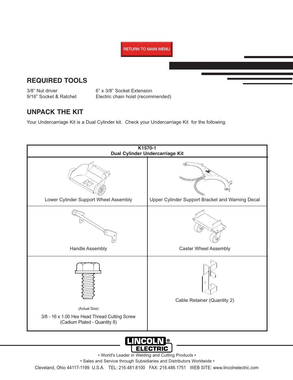 Lincoln Electric IM600 CYLINDER UNDERCARRIAGE KIT K1570-1 User Manual | 4 pages