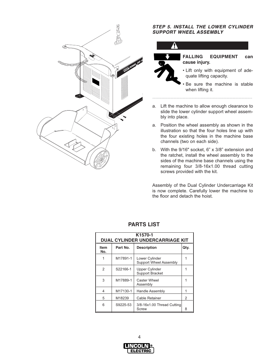 Warning, Parts list | Lincoln Electric IM600 CYLINDER UNDERCARRIAGE KIT K1570-1 User Manual | Page 4 / 4