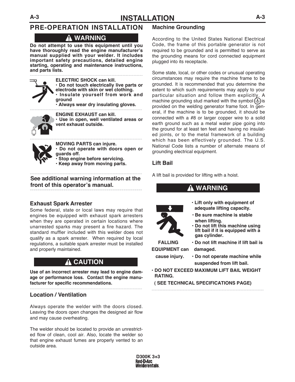 Installation, Pre-operation installation, Warning caution | Warning | Lincoln Electric IM663 RED-D-ARC D300K 3+3 User Manual | Page 10 / 34