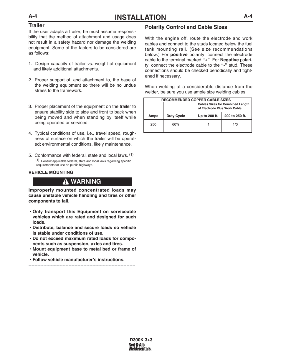 Installation, Warning | Lincoln Electric IM663 RED-D-ARC D300K 3+3 User Manual | Page 11 / 34