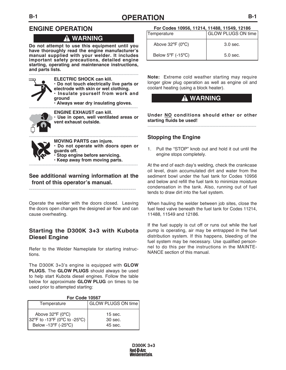 Operation, Engine operation, Warning | Lincoln Electric IM663 RED-D-ARC D300K 3+3 User Manual | Page 13 / 34