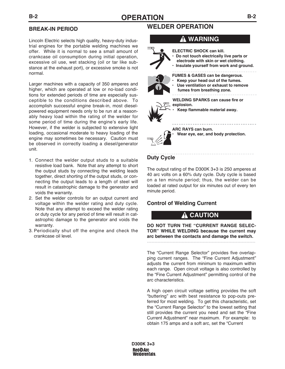 Operation, Welder operation, Warning caution | Lincoln Electric IM663 RED-D-ARC D300K 3+3 User Manual | Page 14 / 34