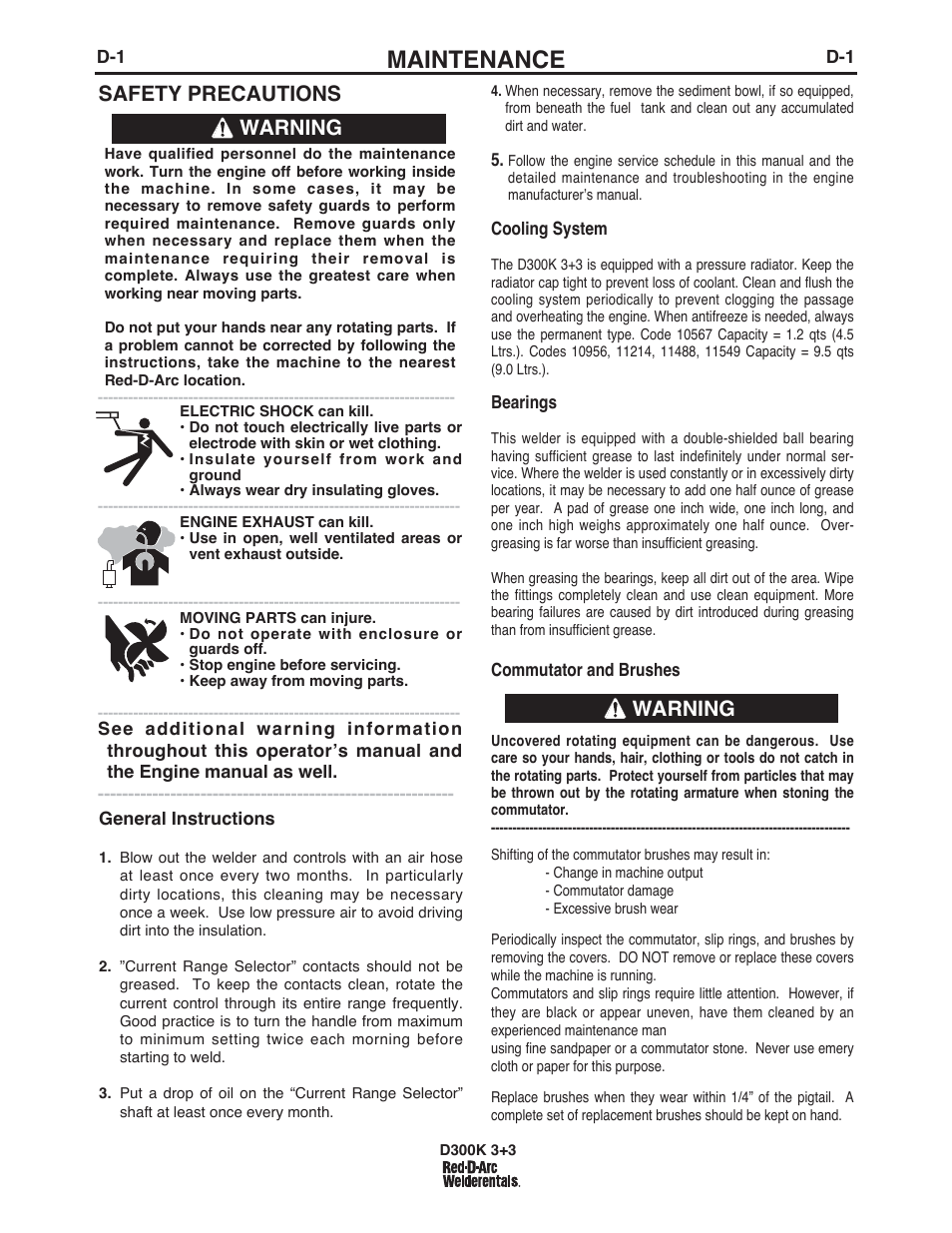 Maintenance, Safety precautions, Warning | Lincoln Electric IM663 RED-D-ARC D300K 3+3 User Manual | Page 16 / 34