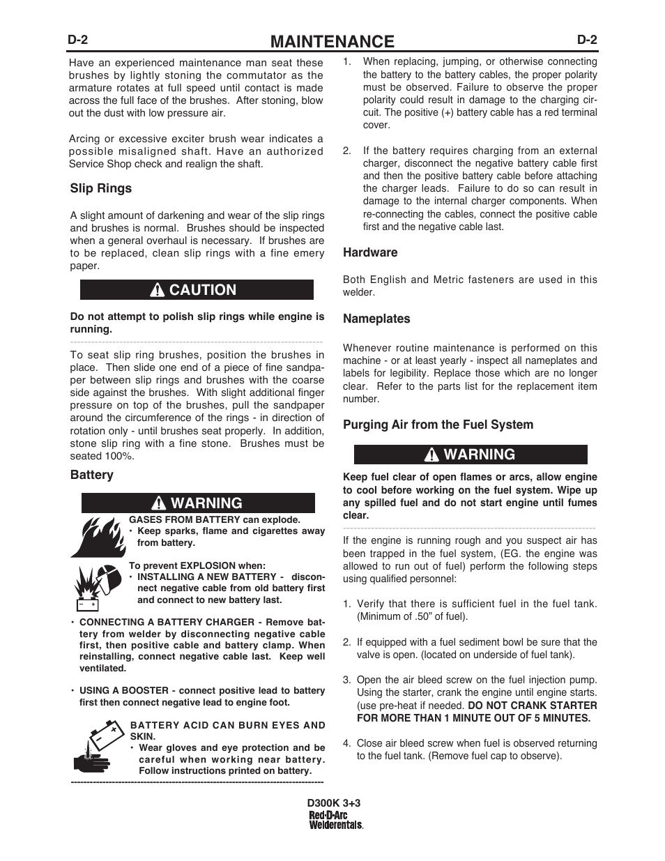 Maintenance, Warning, Caution | Lincoln Electric IM663 RED-D-ARC D300K 3+3 User Manual | Page 17 / 34