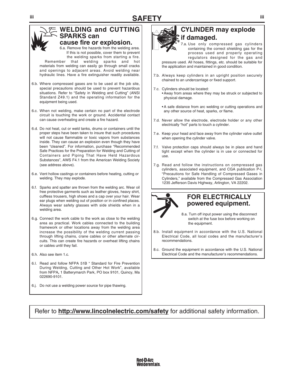 Safety, For electrically powered equipment, Cylinder may explode if damaged | Lincoln Electric IM663 RED-D-ARC D300K 3+3 User Manual | Page 4 / 34