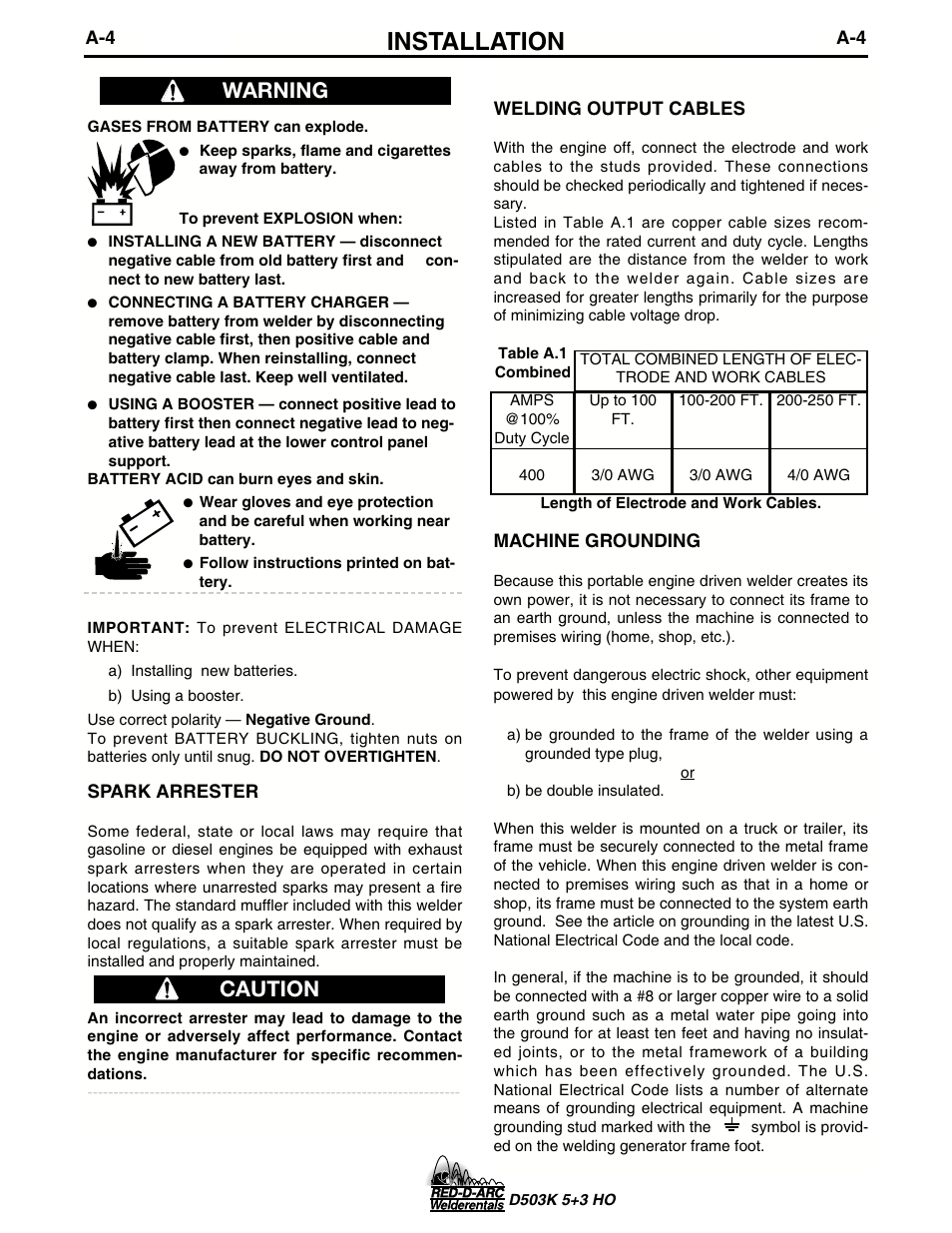 Installation, Warning caution | Lincoln Electric IM694 RED-D-ARC D503K 5+3 HO User Manual | Page 11 / 26