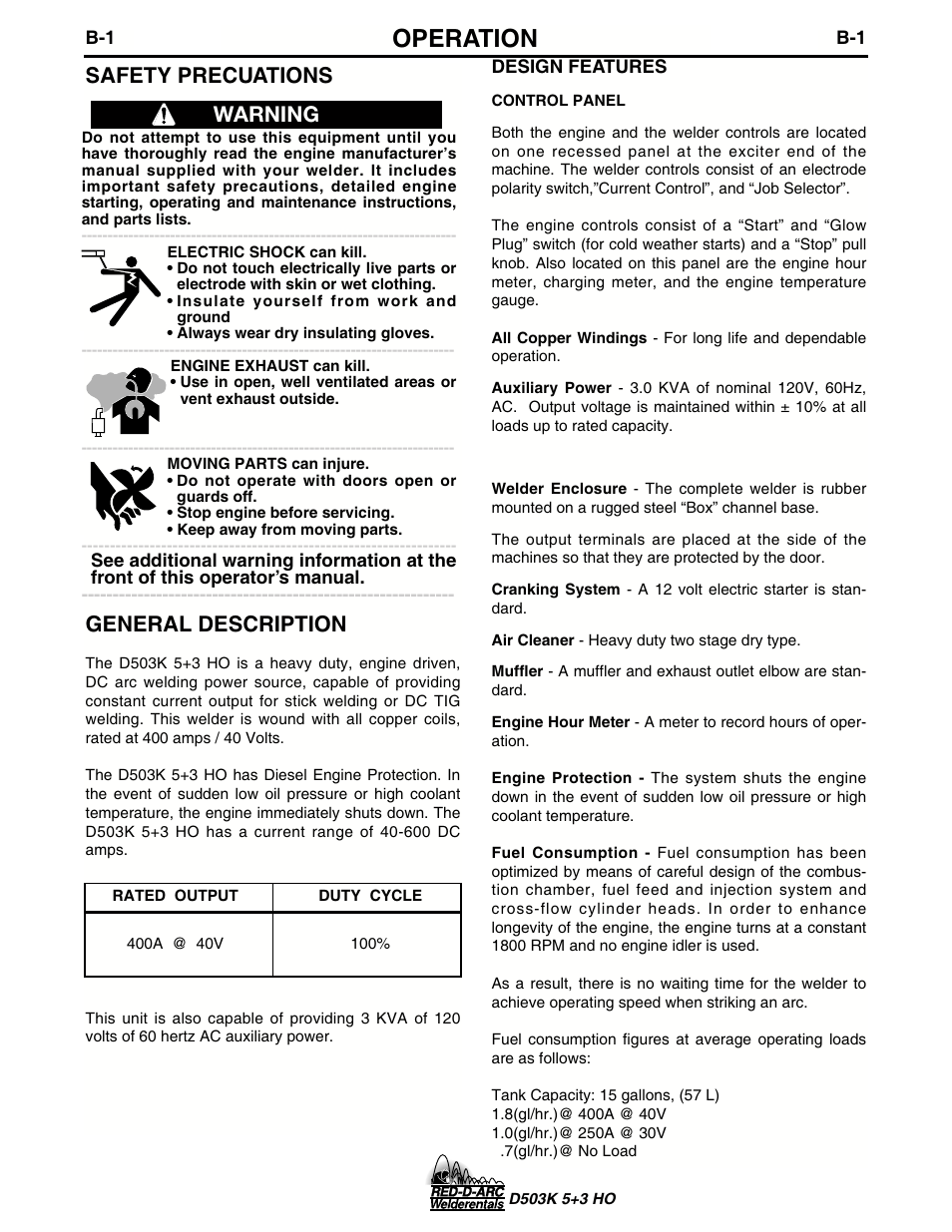 Operation, Safety precuations general description, Warning | Lincoln Electric IM694 RED-D-ARC D503K 5+3 HO User Manual | Page 12 / 26