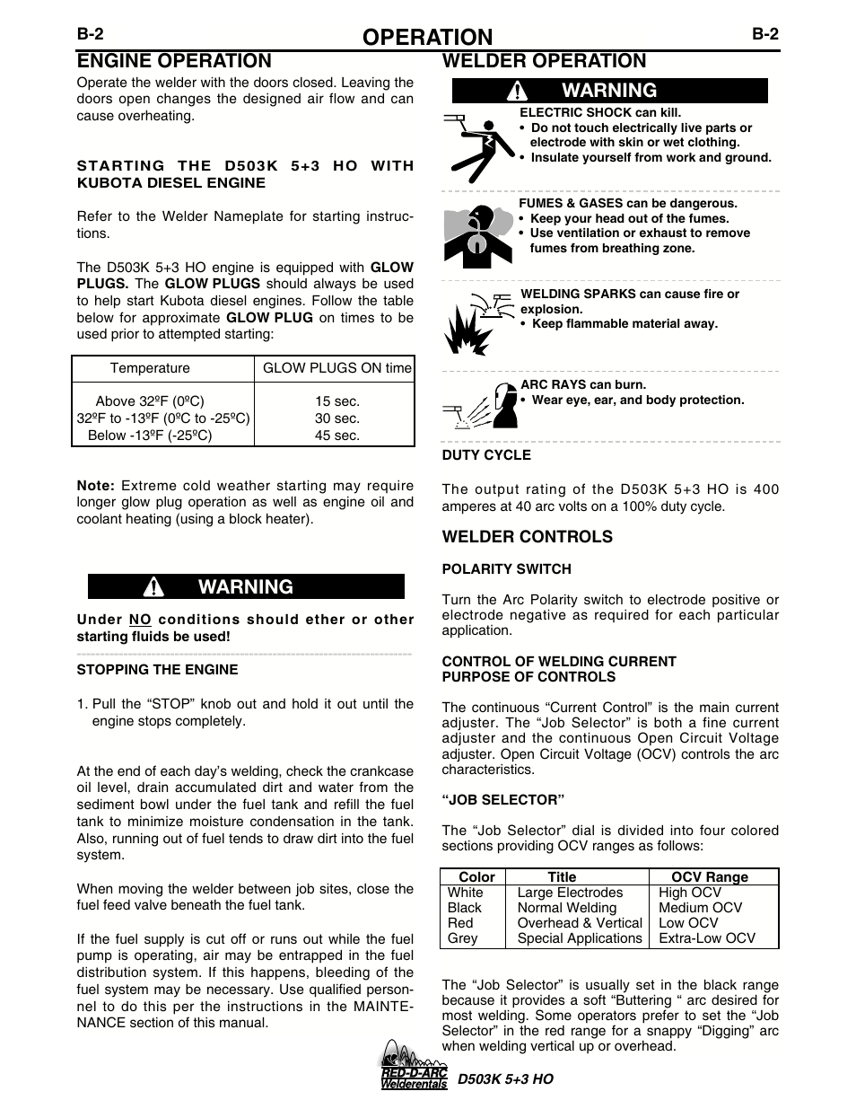 Operation, Engine operation, Welder operation | Warning | Lincoln Electric IM694 RED-D-ARC D503K 5+3 HO User Manual | Page 13 / 26