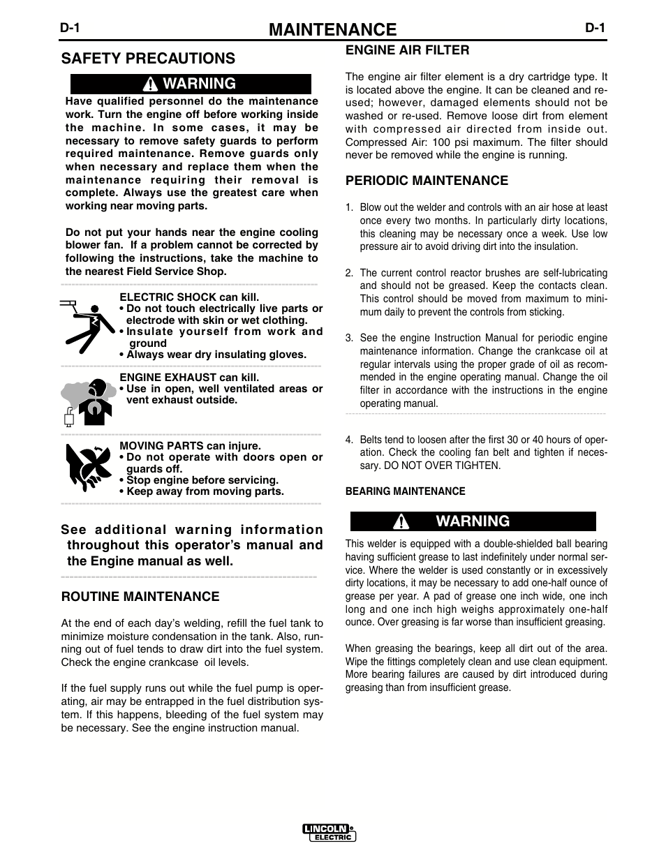 Maintenance, Safety precautions, Warning | Lincoln Electric IM694 RED-D-ARC D503K 5+3 HO User Manual | Page 15 / 26