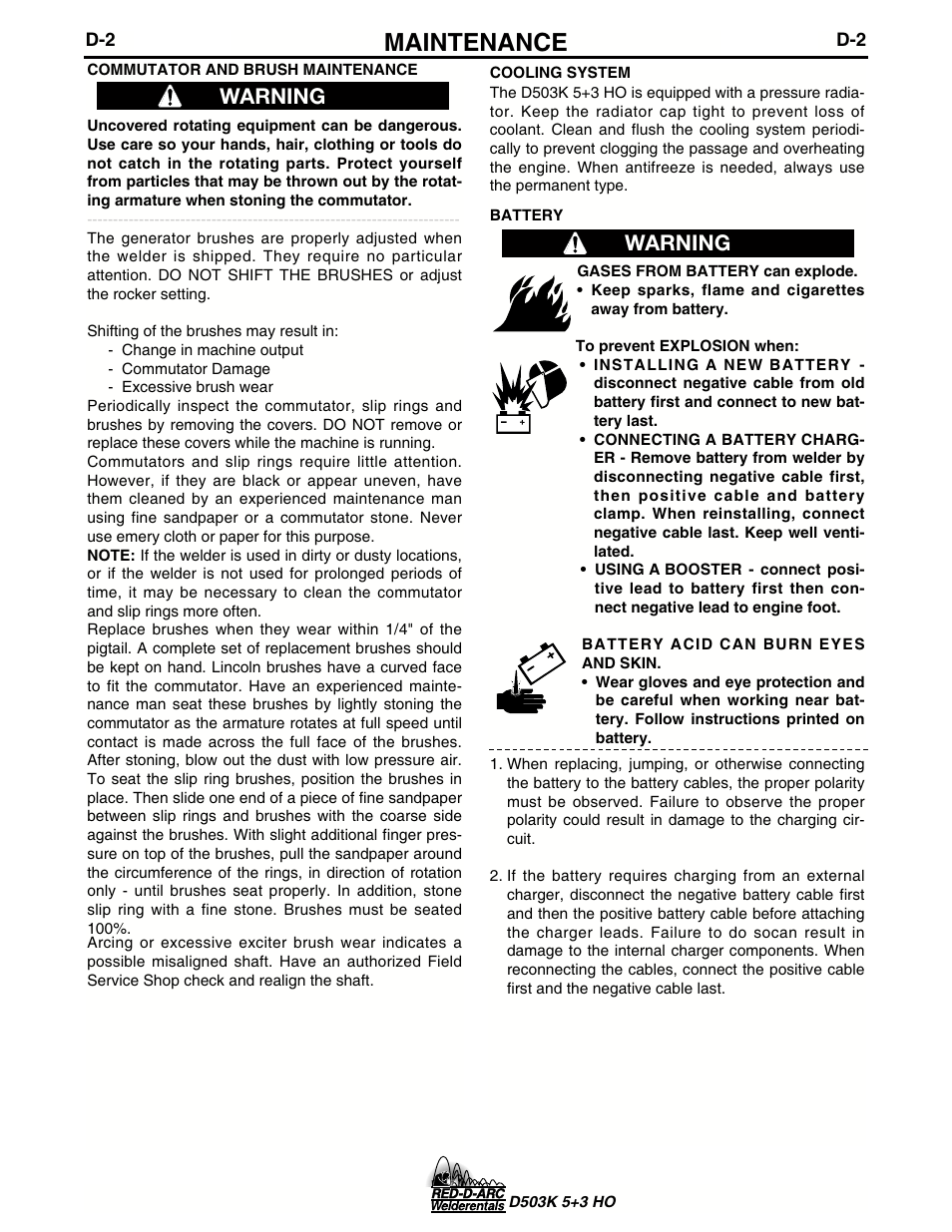 Maintenance, Warning | Lincoln Electric IM694 RED-D-ARC D503K 5+3 HO User Manual | Page 16 / 26