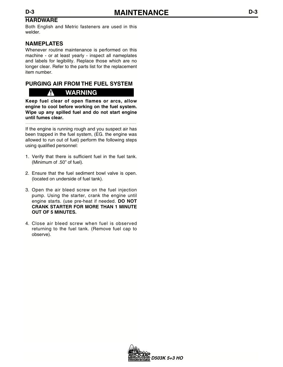 Maintenance, Warning | Lincoln Electric IM694 RED-D-ARC D503K 5+3 HO User Manual | Page 17 / 26