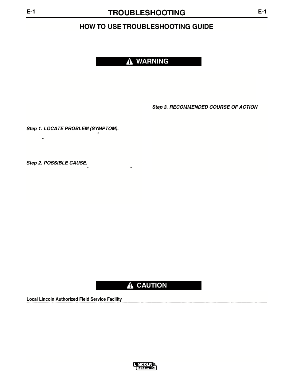 Troubleshooting, Caution, How to use troubleshooting guide | Warning | Lincoln Electric IM694 RED-D-ARC D503K 5+3 HO User Manual | Page 19 / 26