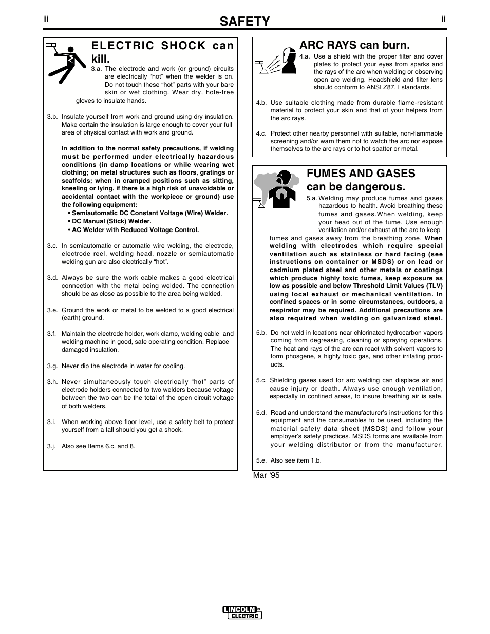 Safety, Arc rays can burn, Electric shock can kill | Fumes and gases can be dangerous | Lincoln Electric IM694 RED-D-ARC D503K 5+3 HO User Manual | Page 3 / 26