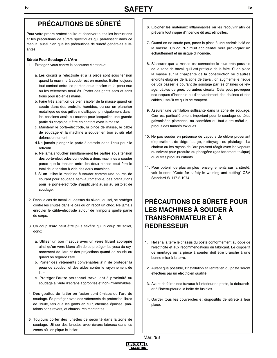 Safety, Précautions de sûreté | Lincoln Electric IM694 RED-D-ARC D503K 5+3 HO User Manual | Page 5 / 26