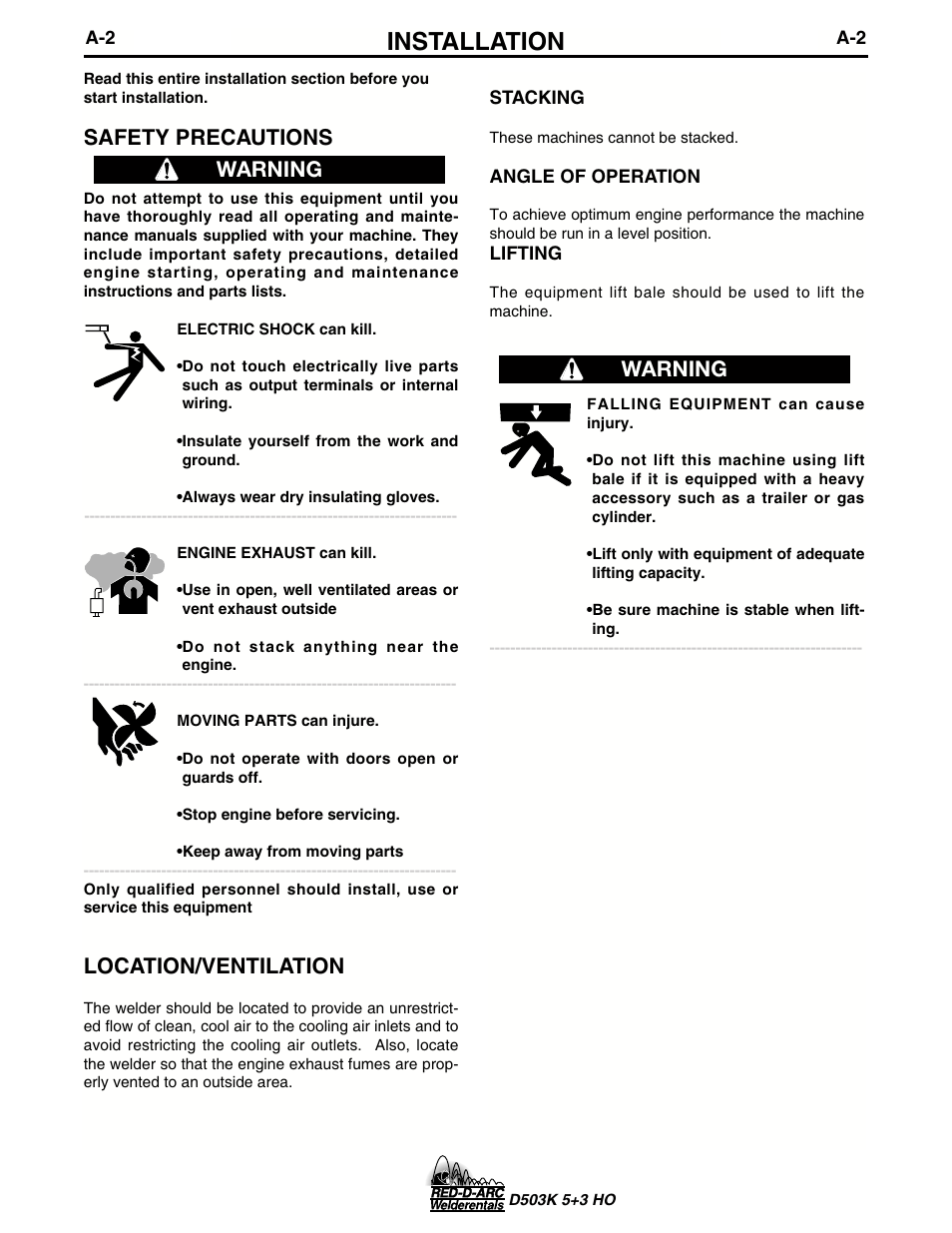 Installation, Safety precautions, Location/ventilation | Warning | Lincoln Electric IM694 RED-D-ARC D503K 5+3 HO User Manual | Page 9 / 26